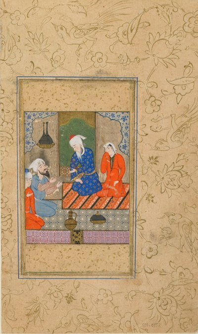 Folio uit Yusuf u Zulaykha door Jami; Zulaykha en een oudere man luisteren naar een gesprek door Persian School