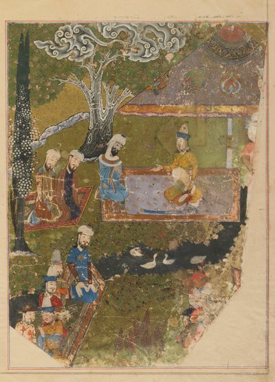 Folio uit een Zafarnama; verso: Timur verleent een audiëntie ter gelegenheid van zijn troonsbestijging in Balkh, Shiraz, Iran, Timurid periode door Persian School
