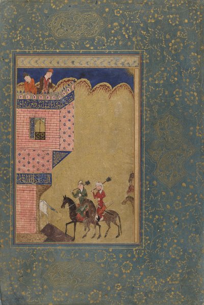 Folio uit een Anthologie; Twee ruiters met knuppels naderen een gebouw, Iran, 1417-18 door Persian School