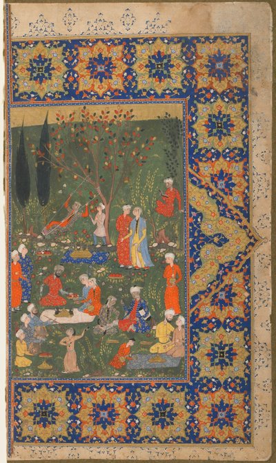 Folio uit een onbekende tekst; Een feest in een tuin door Persian School