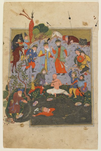 Garsivaz wordt gegeseld terwijl Afrasiyab uit het meer wordt gesleept uit een Shahnama door Persian School