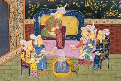 Jagers en favorieten drinken met edelman of koning (detail) door Persian School