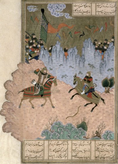 Isfandiyar gedood door Rustam met de magische pijl, illustratie uit de Shahnama (Boek der Koningen) door Persian School