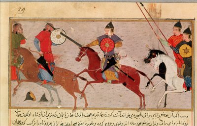 Ms Pers.113 f.29 Genghis Khan (c.1162-1227) vecht tegen de Tartaren, uit een boek door Rashid-al-Din (1247-1318) door Persian School
