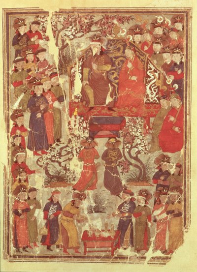 Genghis Khan en zijn vrouw Bortei op de troon voor hovelingen, folio uit een boek genaamd Jami al Tawarikh (Universele Geschiedenis) door Rashid ad-Din (1247-1318) door Persian School