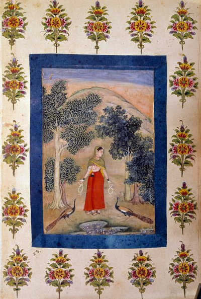 Perzische kunst: dame met twee bloemenkettingen die ze aan twee pauwen presenteert door Persian School