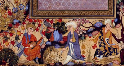Perzische miniatuur die een amusementscène met muzikanten voorstelt. Detail van een 16e-eeuwse gouache. Parijs, Louvre Museum door Persian School