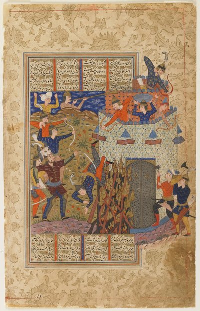 Rustam en zijn mannen vallen het fort van Gang Dizh aan uit een Shahnama door Persian School