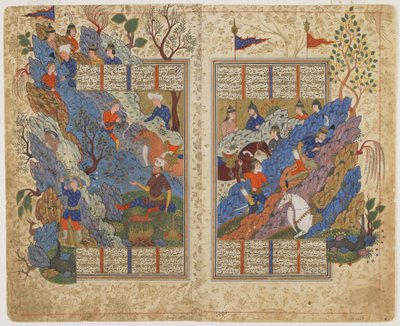 Rustam trapt de steen terug die door Bahman op hem werd gerold uit een Shahnama (Boek der koningen), c.1590-1600 door Persian School