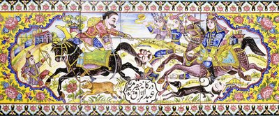 Tweede cartouche van een lang paneel van cuerda seca tegels, met jacht- en gevechtsscènes, 19e eeuw door Persian School