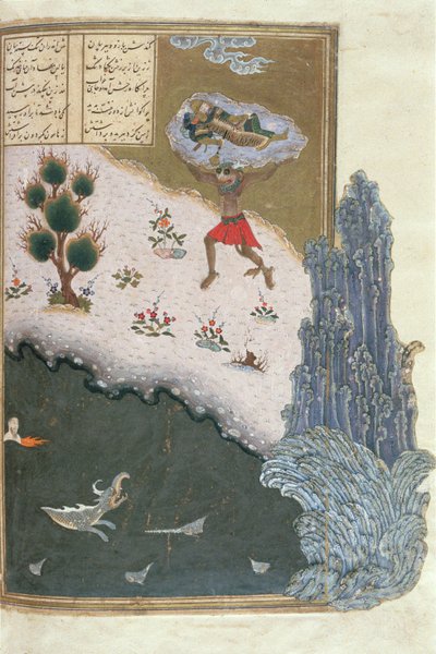 De slapende Rustam door de lucht gedragen door de demon Akwan, illustratie uit de Shahnama (Boek der Koningen) door Persian School