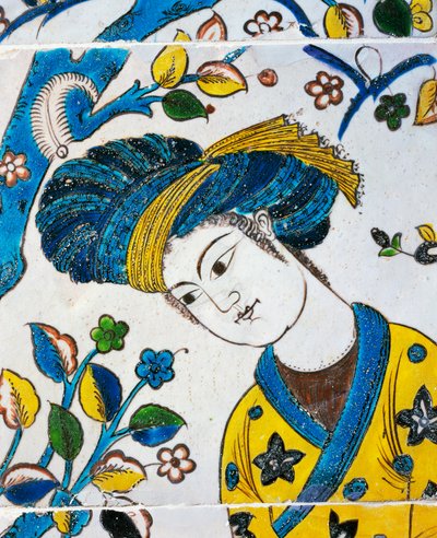Jonge man met tulband, spellen in tuin, detail van keramische tegel uit Chehel Sotoun, Isfahan, Perzische beschaving door Persian School