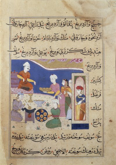 Bereiding van zoetigheden voor de Sultan van Mandu, uit een manuscript over Indiase kookkunst door Persian School