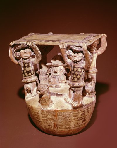 Godheid op troon met baldakijn ondersteund door hovelingen, Recuay Cultuur door Peruvian School