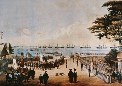 Commodore Perry landt in Japan om de keizerlijke commissarissen te ontmoeten in Yokohama, 8 maart 1854 door Peter Bernhard Wilhelm Heine