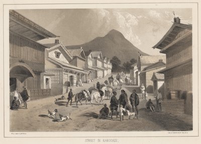 Straat in Hakodadi, litho door Sarony und Co., 1855 door Peter Bernhard Wilhelm Heine