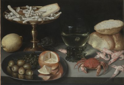 Stilleven met fruit, zoetigheden, schaaldieren, een glas en een muis, ca. 1620 door Peter Binoit