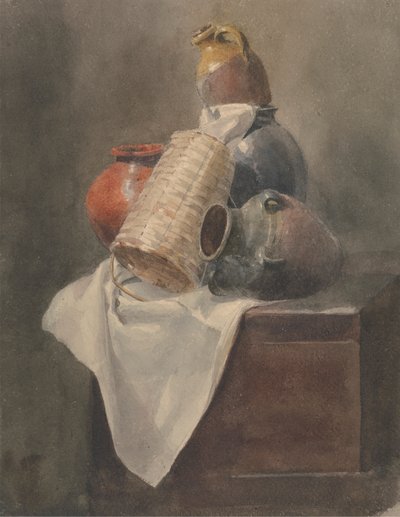 Stilleven: Potten, mand en doek op een kist door Peter DeWint