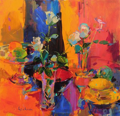 Stilleven tafel met rozen en fruit door Peter Graham (Contemporary)