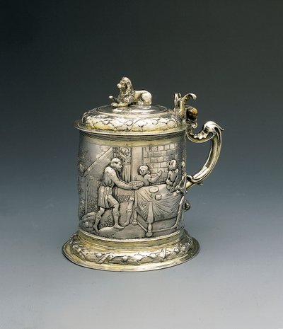 Bierpul, het lichaam repousse en gejaagd met Jacob die worstelt met de engel, en Abraham en Sarah die gastvrijheid verlenen aan de Drie-eenheid, Danzig, ca. 1690 door Peter III Rohde
