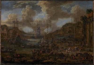 Zuidelijke haven met talrijke figuren aan de kust door Peter II Casteels