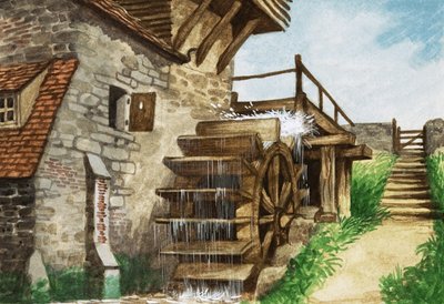 Een oude watermolen bij een stroom door Peter Jackson