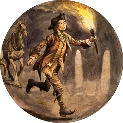Jongen rennend voor koets met fakkel door Peter Jackson