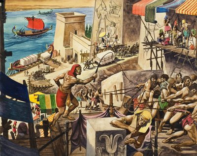De piramides bouwen (gouache op papier) door Peter Jackson