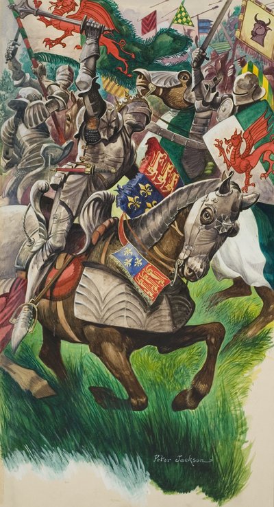 Koning Richard (1452-85) en Henry Tudor (1457-1509) op het slagveld bij Market Bosworth in 1485 (gouache op papier) door Peter Jackson