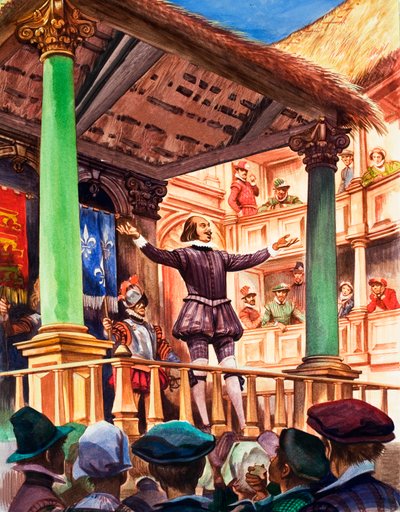 Shakespeare op het podium van het nieuw gebouwde Globe theater door Peter Jackson