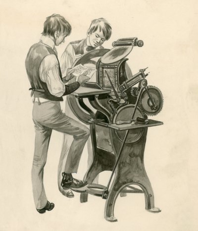 De Gebroeders Wright als jongens, drukten hun krant genaamd The Midget. Origineel kunstwerk voor Treasure door Peter Jackson