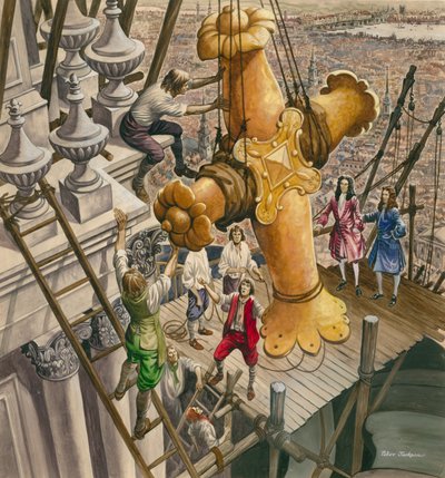 Het gouden kruis wordt op de top van de St. Paul