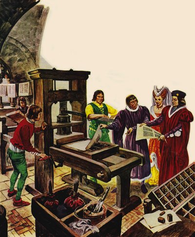 William Caxton toont zijn drukpers aan koning Edward IV en zijn koningin, Elizabeth door Peter Jackson