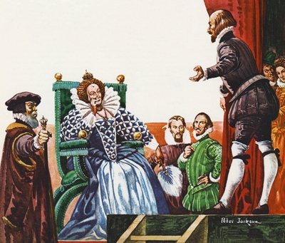 William Shakespeare presenteert een van zijn toneelstukken aan Koningin Elizabeth I door Peter Jackson