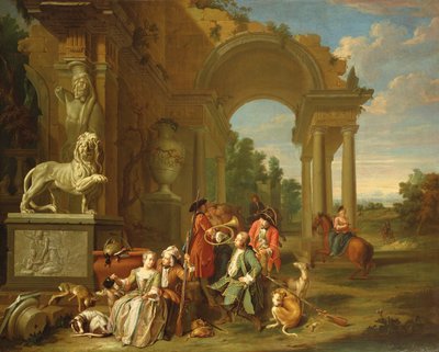 Een Jachtpartij in klassieke ruïnes door Peter Jacob Horemans