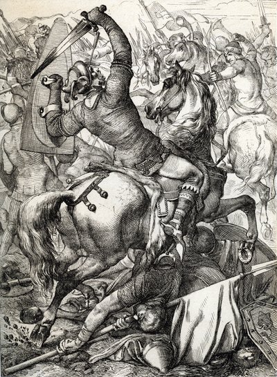 Slag bij Hastings gevochten op 14 oktober 1066 tussen het Normandisch-Franse leger van hertog Willem II van Normandië en een Engels leger onder de Angelsaksische koning Harold II, tijdens de Normandische verovering van Engeland door Peter Johann Nepomuck Geiger