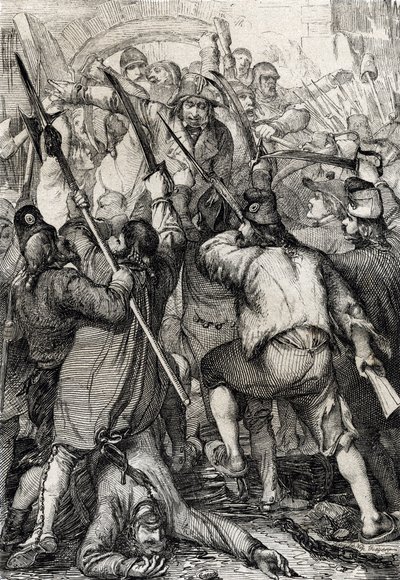 Franse Revolutie: Het gewapende en woedende volk betreedt via de ophaalbrug en vermoordt het garnizoen en de gouverneur tijdens de bestorming van de Bastille door Peter Johann Nepomuck Geiger