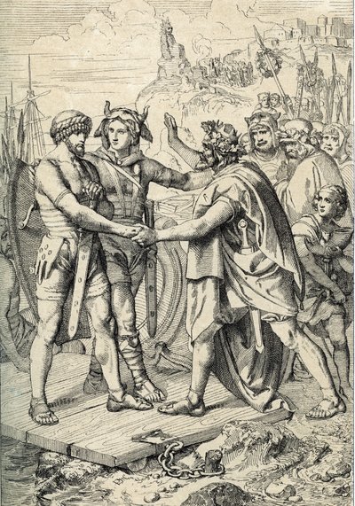 Landing van Hengest en Horsa, figuren uit de Angelsaksische legende, die de twee beschrijft als de Germaanse broers die de Angle, Saksische en Jutische legers leidden die de eerste gebieden van Groot-Brittannië in de 5e eeuw veroverden door Peter Johann Nepomuck Geiger