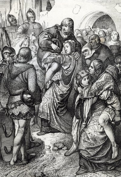 De trouwe vrouwen van Weinsberg: de vrouwen van de soldaten verslagen bij het beleg van Weinsberg door Koenraad III van Hohenstaufen in 1140 dragen hun echtgenoten op hun rug, Duitsland door Peter Johann Nepomuck Geiger
