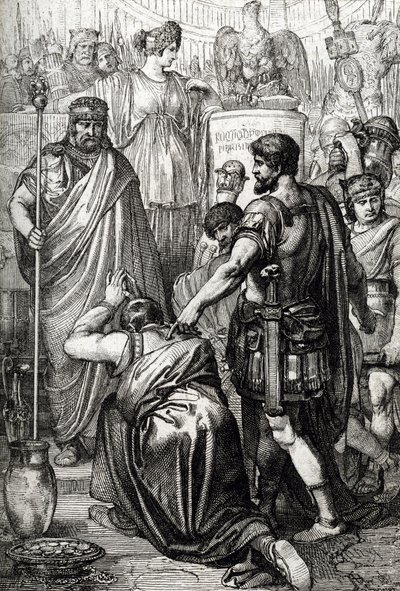 Vandalenoorlog: De overgave van de koning van de Vandalen Gelimer knielt voor de Byzantijnse generaal Belisarius (500-565) in maart 534, Carthago, Afrika door Peter Johann Nepomuck Geiger