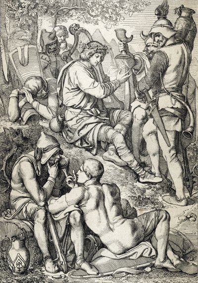 Oorlog tegen de Vikingen: De koning van Wessex Alfred I de Grote (846-899) vermomd als harpist betreedt het kamp van Guthrum om zijn strijdplannen te ontdekken, Somerset 878 door Peter Johann Nepomuck Geiger