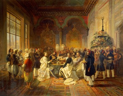 Lunch in Smyrna door Halim Pasha, illustratie uit De reis van Maximiliaan van Habsburg en zijn broer Charles Louis in de Middellandse Zee, door Peter Johann Nepomuk Geiger door Peter Johann Nepomuk Geiger