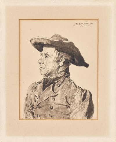 Portret op borst van man in rokkostuum en breedgerande hoed door Peter K. Krämer