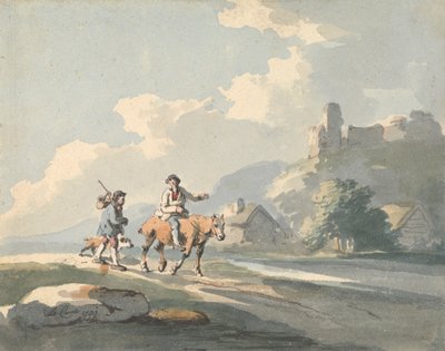 Compositie: twee reizigers en een hond op een weg langs huisjes, met ruïnes op een heuvel door Peter La Cave
