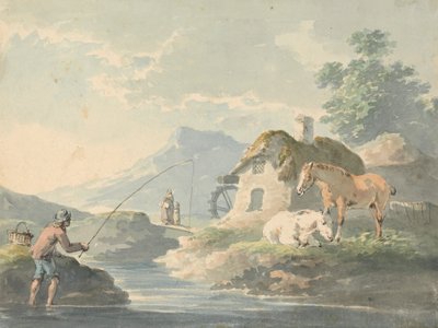 Rustieke Scene: man aan het vissen, links; huisje met watermolen en paarden rechts door Peter La Cave