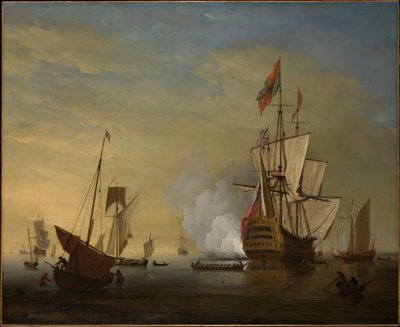 Havenscène: een Engels schip met losgemaakte zeilen vuurt een kanon af door Peter Monamy