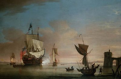 Het ochtendkanon, tweedekker oorlogsschip met andere schepen door Peter Monamy