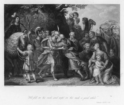 Ontmoeting van Jakob en Jozef, Genesis XLVI, 29 door Peter Paul (after) Rubens
