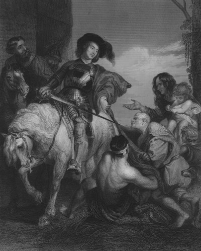 Sint Martinus verdeelt zijn mantel (gravure) door Peter Paul (after) Rubens