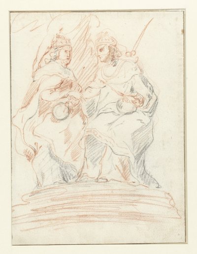 Koning en een koningin op een troon, achter hen staat Fama Christus en Maria door Peter Paul Rubens (possibly)